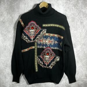 Bonnie & Billy Sweater Womens Small Black Floral‎ Embroidered Knit Turtleneck